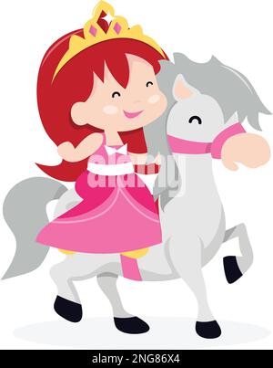 Un'illustrazione vettoriale del cartone animato di una ragazza carina della principessa che cavalca il suo cavallo piccolo del pony. Illustrazione Vettoriale