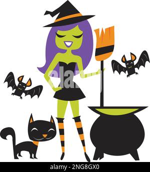 Un'illustrazione vettoriale della strega happy halloween ispirata al 1960s con gatto nero, pipistrelli e birra della strega. Illustrazione Vettoriale