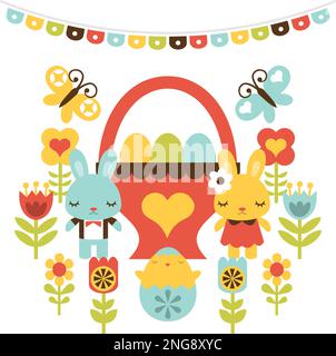 Un'illustrazione vettoriale di arte popolare retro uova di pasqua senza cuciture sfondo modello. Illustrazione Vettoriale