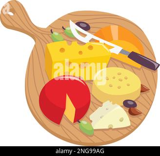 Un'illustrazione vettoriale di cartoni animati di vari formaggi su una tavola rotonda di legno. Illustrazione Vettoriale