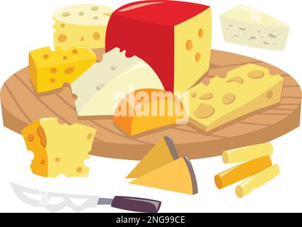 Un'illustrazione vettoriale di cartoni animati di vari formaggi su una tavola rotonda di legno. Illustrazione Vettoriale