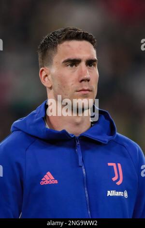 Torino, Italia. 16th Feb, 2023. Dusan Vlahovic della Juventus visto durante la partita di calcio della UEFA Europa League 2022/2023 tra Juventus FC e FC Nantes allo stadio Allianz. Punteggio finale; Juventus 1:1 Nantes. Credit: SOPA Images Limited/Alamy Live News Foto Stock