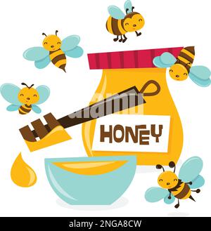 Un vettore cartoon illustrazione di un mazzo di belle api di miele che swarming sopra una ciotola e un vaso di miele. Illustrazione Vettoriale