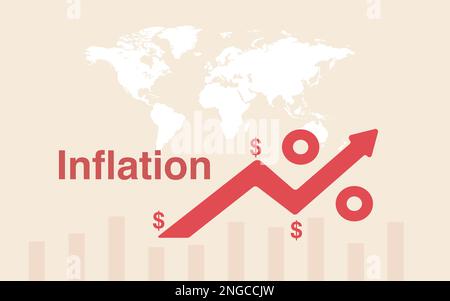 Simbolo di gonfiaggio con freccia rivolta verso l'alto. Simbolo del dollaro USA con illustrazione del vettore della mappa mondiale. icone della situazione finanziaria con segno di percentuale. economia Illustrazione Vettoriale