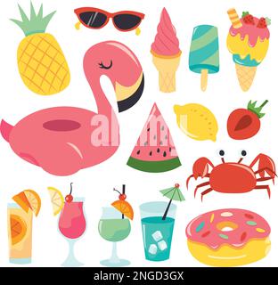Un'illustrazione vettoriale del cartone animato di vari elementi di disegno di vacanza di estate come il gelato, i cocktail e la frutta. Illustrazione Vettoriale