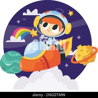 Un'illustrazione vettoriale del cartone animato di un ragazzo astronauta super carino che vola intorno sulla parte superiore di un razzo nello spazio. Illustrazione Vettoriale