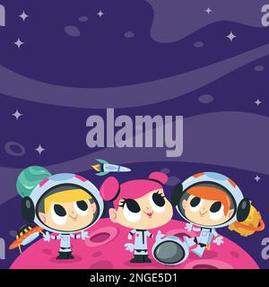 Un'illustrazione vettoriale del cartone animato di un gruppo dei capretti dell'astronauta nell'avventura di spazio con lo sfondo dello spazio della copia del cielo. Illustrazione Vettoriale