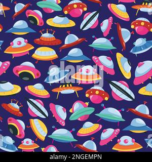 Un'illustrazione vettoriale di cartoni animati di vari UFO colorati senza giunture di sfondo. Illustrazione Vettoriale