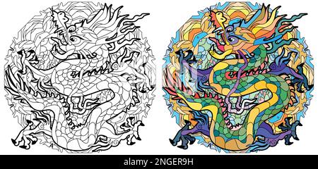 Zentangle drago in stile mandala per colorare, per il design di t-shirt, tatuaggi e altre decorazioni. Clolr e set di contorni Illustrazione Vettoriale