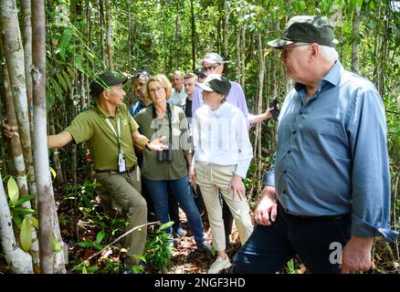 Kuching, Malesia. 18th Feb, 2023. Il presidente tedesco Frank-Walter Steinmeier (r-l) e sua moglie Elke Büdenbender sono guidati attraverso una giungla nel Parco Nazionale delle paludi di Kuching. Il presidente federale Steinmeier e sua moglie visitano i paesi della Cambogia e della Malesia durante una gita di cinque giorni nel sud-est asiatico. Credit: Bernd von Jutrczenka/dpa/Alamy Live News Foto Stock