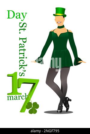 St Giorno di Patrick. Ragazza in cappello verde ballando riverdance. illustrazione vettoriale 3d Illustrazione Vettoriale