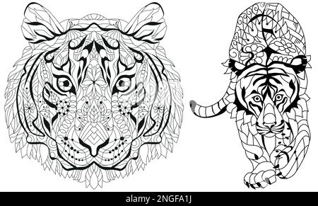 Zentangle Tiger per il design di t-shirt, per colorare, tatuaggio e altre decorazioni Illustrazione Vettoriale
