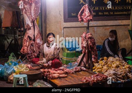 Due macellai cambogiane vendono carne di maiale e pollo crudo al mercato all'ingrosso principale della carne, Phsar Dumkor, di notte. Phnom Penh, Cambogia. © Kraig Lieb Foto Stock