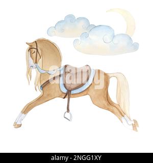 Acquerello illustrazione di carino vintage fiaba cavallo giocattolo per bambini in stile cartoon con nuvole, luna, isolato Foto Stock