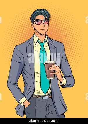 Un uomo in bicchieri e vestito si alza e tiene una tazza di caffè con la mano. Dipendente di successo e felice dell'azienda. Pop Art retro Illustrazione Vettoriale