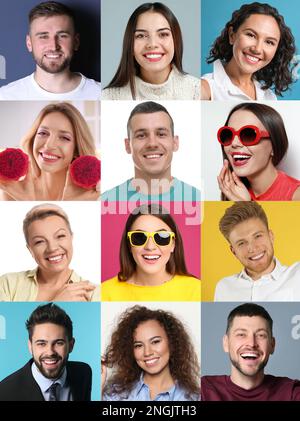 Collage con foto di gente sorridente felice su sfondi di colore diverso Foto Stock