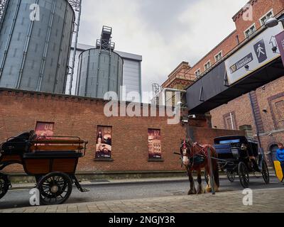 Dublino, Irlanda - 09 25 2015: Carro tradizionale a cavallo e carrozza di fronte alla birreria Guinness di Dublino Foto Stock