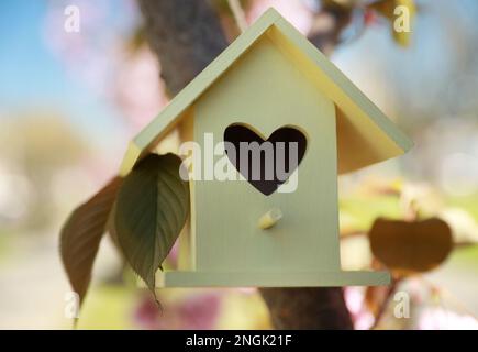 Bird house giallo con foro a forma di cuore appeso su ramo di albero all'aperto Foto Stock