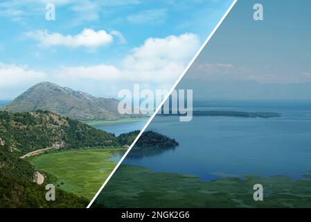 Foto prima e dopo il ritocco, collage. Vista pittoresca della bellissima baia nelle giornate di sole Foto Stock