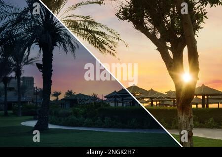 Foto prima e dopo il ritocco, collage. Splendido paesaggio con resort tropicale al tramonto Foto Stock