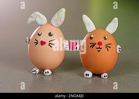 due graziose uova di coniglietti insieme ad un cuore nelle loro zampe su uno sfondo grigio. Pasqua. Foto Stock
