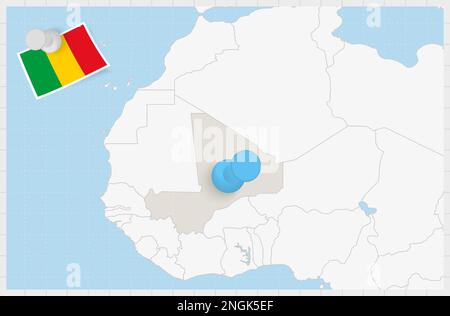 Mappa del Mali con una spilla blu. Flag bloccato del Mali, illustrazione vettoriale. Illustrazione Vettoriale
