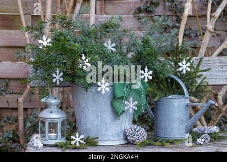 allestimento giardino di natale con rami di tasso in secchio di zinco, decorazioni albero di natale e lanterna d'epoca Foto Stock