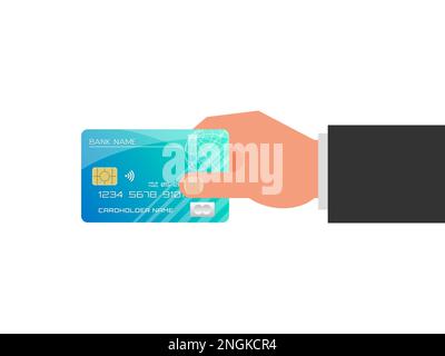 Mano che tiene la carta di credito. L'uomo d'affari effettua il pagamento della connettività wireless. Carta di credito intelligente con tecnologia Contactless. Banche realistiche e dettagliate Illustrazione Vettoriale