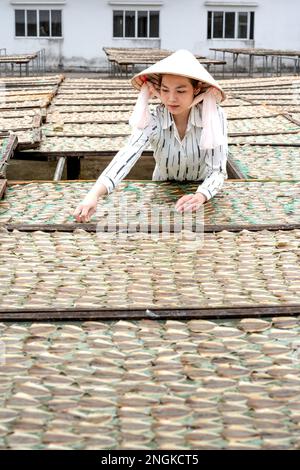 I pescatori di pesce secco post-pescato a Rach Gia City, Kien Giang, Vietnam Foto Stock