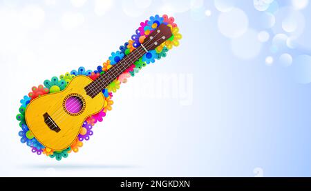 Ukulele con mazzo di fiori colorati su sfondo bokeh blu. Sfondo vettoriale musicale di stile hawaiano. Illustrazione Vettoriale