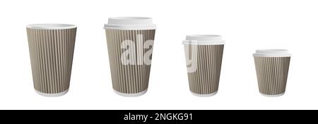 Set realistico di tazze da caffè di carta su sfondo bianco. Illustrazione Vettoriale