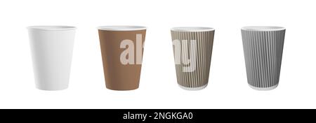 Set realistico di tazze da caffè di carta su sfondo bianco. Illustrazione Vettoriale