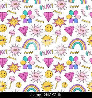Motivo luminoso senza cuciture nello stile della 90s. Arcobaleni colorati, diamanti, volti sorridenti, stelle su sfondo a scacchi. Nostalgia per il 1990s. Stampa divertente. Illustrazione Vettoriale