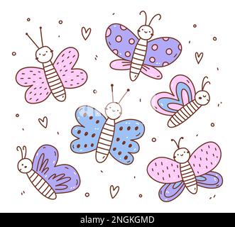 Set di farfalle simpatiche e divertenti isolate su sfondo bianco. Disegno vettoriale a mano in stile doodle. Perfetto per decorazioni, logo, vari disegni. Illustrazione Vettoriale