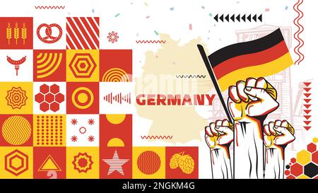 National Day of Deutschland Germania banner con forme geometriche neo astratte, punti di riferimento del paesaggio di berlino. Bandiera tedesca e mappa. Colore rosso giallo nero Illustrazione Vettoriale