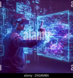 Concetti sulla tecnologia Metaverse e Blockchain. Tono futuristico. Una persona con gli occhiali cerca di toccare gli oggetti per le esperienze di un mondo virtuale metaverse. Foto di alta qualità Foto Stock