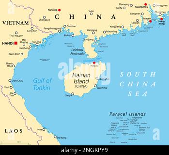 Hainan, provincia più meridionale della Cina, e dintorni, mappa politica. Hainan Island, e le isole Paracel, nel Mar Cinese Meridionale. Foto Stock