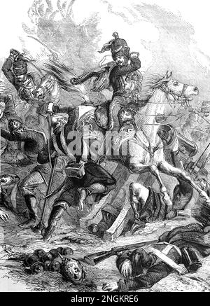 La carica della Brigata leggera, Battaglia di Balaclava 25th ottobre 1854. Il conte di Cardigan conduce il 600 nella valle della morte. Illustrazione in bianco e nero Foto Stock