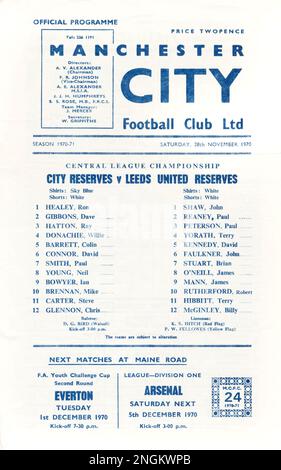 Programma ufficiale delle riserve della città di Manchester V riserve del Leeds United. Sabato. 28th novembre 1970. Foto Stock