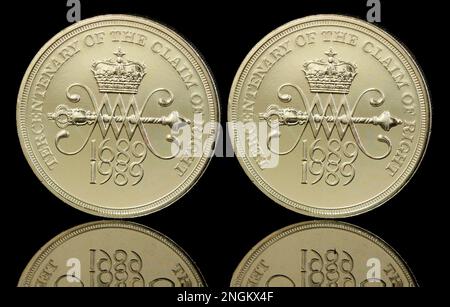 Lato opposto di una moneta del 1989 £2 che commemora il terzo centenario della rivendicazione di diritto Foto Stock