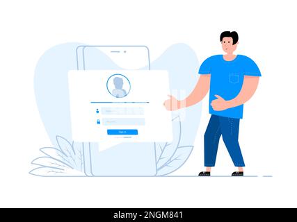 Un uomo si trova accanto allo smartphone, nella pagina di accesso su schermo. Profilo utente, accesso al concetto di account. Illustrazione Vettoriale