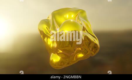 Forma dinamica del metallo d'oro liquido, superficie astratta brillante, oggetto a forma di 3D su sfondo sfocato. Foto Stock