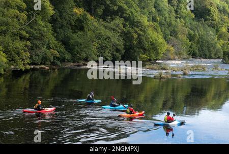 Gruppo di kayakers che si dirigono verso il basso fiume verso una macchia d'acqua ruvida Foto Stock