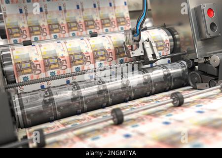 Stampa di banconote in euro su una macchina da stampa in tipografia. Finanza, fisco, borsa e investimenti, rendendo il concetto di denaro. illustrazione 3d Foto Stock