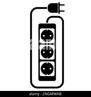 Semplice piatto nero e bianco elettrico cavo di prolunga o cavo di prolunga l'icona con la ciabatta illustrazione vettoriale Foto Stock