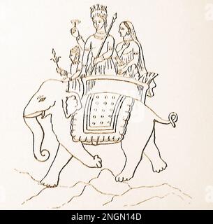 Un'illustrazione del dizionario di fine 19th secolo della divinità indù vedica, INDRA, ( इन्द्र) cavalcando un elefante. Egli è considerato come il re del Devas e re di Svarga (cielo) anche Dio della luce, Thunder, tempeste e pioggia -- - 19 वीं शताब्दी के उत्तरार्ध में वैदिक हिंदू देवता, इंद्र, (इन्द्र) का एक शब्दकोश चित्रण एक हाथी की सवारी करता है। उन्हें देवों के राजा और स्वर्ग (स्वर्ग) के राजा के रूप में माना जाता है, साथ ही बिजली, गरज, तूफान और बारिश के देवता भी Foto Stock