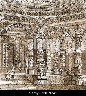 Un'illustrazione di fine 19th secolo - un'incisione dell'interno del tempio di Vimala Sah Jain a Mount Abu, India. Conosciuto anche come il Tempio di Adinatha o il Tempio Vimala Vasahi, fu fondato nel 1032AD da Vimala, un ministro del governatore Solanki Bhima I. È dedicato all'insegnante di Giain / profeta Tirthankara -- 19 वीं शताब्दी के उत्तरार्ध का एक चित्रण - माउंट आबू, भारत में विमला साह जैन मंदिर के अंदर का उत्कीर्णन। आदिनाथ मंदिर या विमला वसाही मंदिर के रूप में भी जाना जाता है, जिसकी स्थापना विमला ने 1032 ईस्वी में की थी। यह जैन शिक्षक / पैगंबर तीर्थंकर को समर्पित है Foto Stock