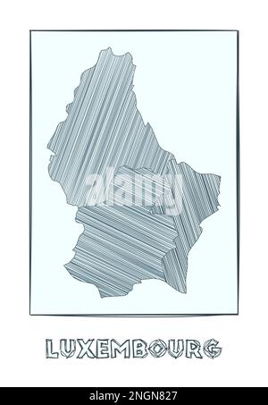 Mappa del Lussemburgo. Mappa del paese disegnata a mano in scala di grigi. Regioni riempite con strisce di hachure. Illustrazione vettoriale. Illustrazione Vettoriale