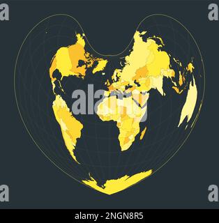 Mappa del mondo. Proiezione pseudoconica di area uguale Bonne. Illustrazione futuristica del mondo per la vostra infografica. Colori di campagna giallo brillante. Vettore freddo il Illustrazione Vettoriale