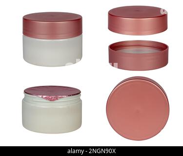 Contenitore cosmetico in porcellana bianca, aperto e chiuso con un coperchio rosa in diverse prospettive su sfondo bianco Foto Stock